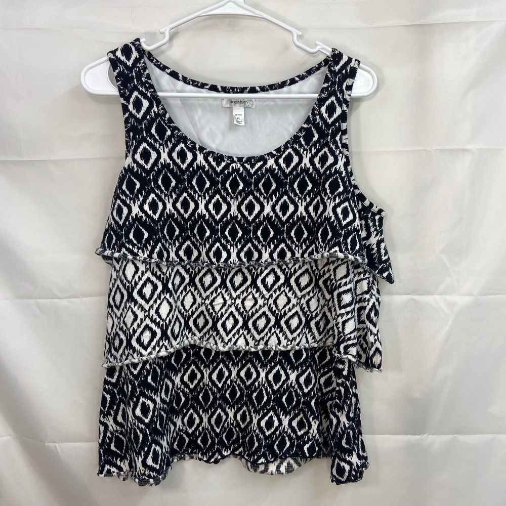 Dressbarn women's black‎ white geometric tiered ruffle lined tank top casual PL